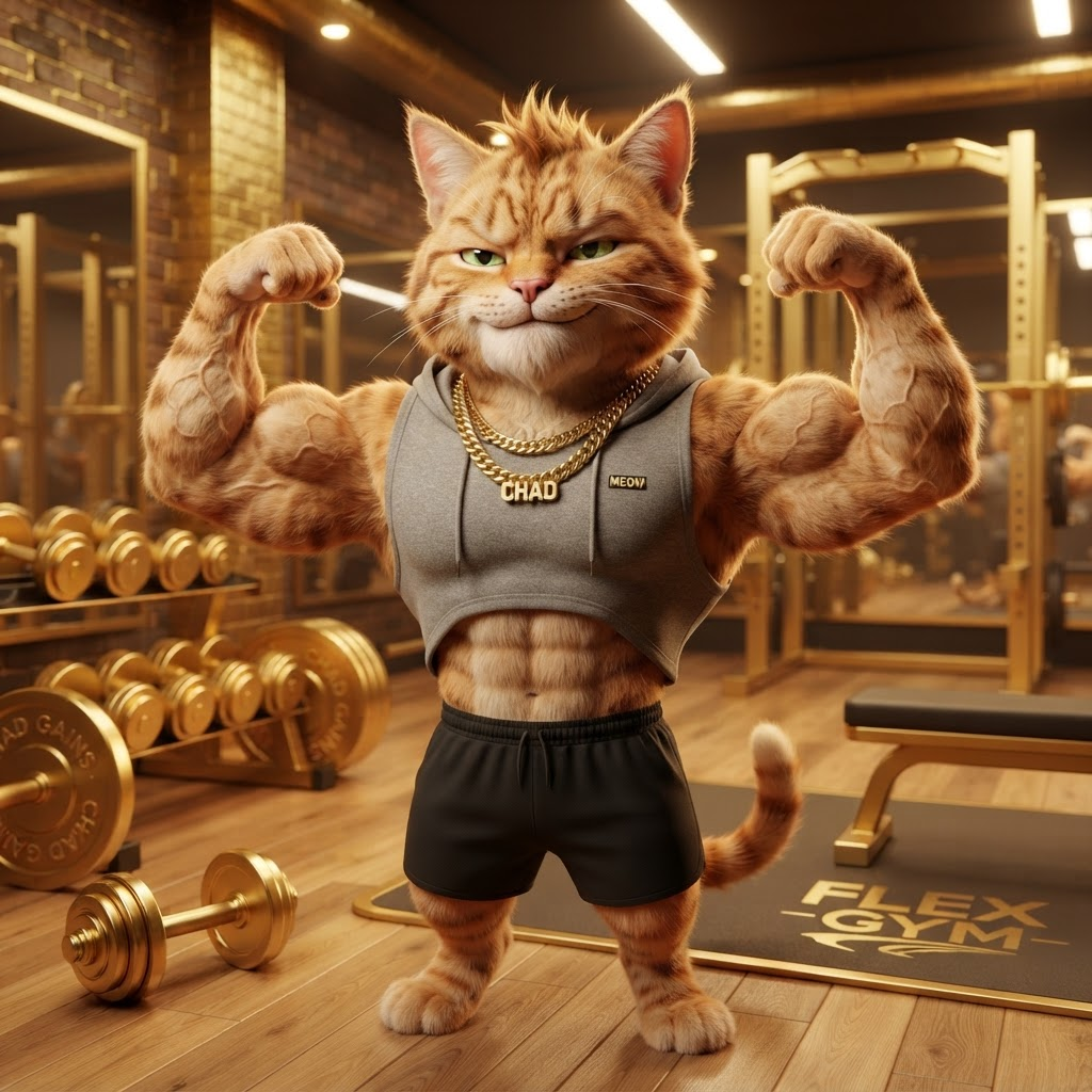 CHADCATE flexing enormous biceps in a golden gym