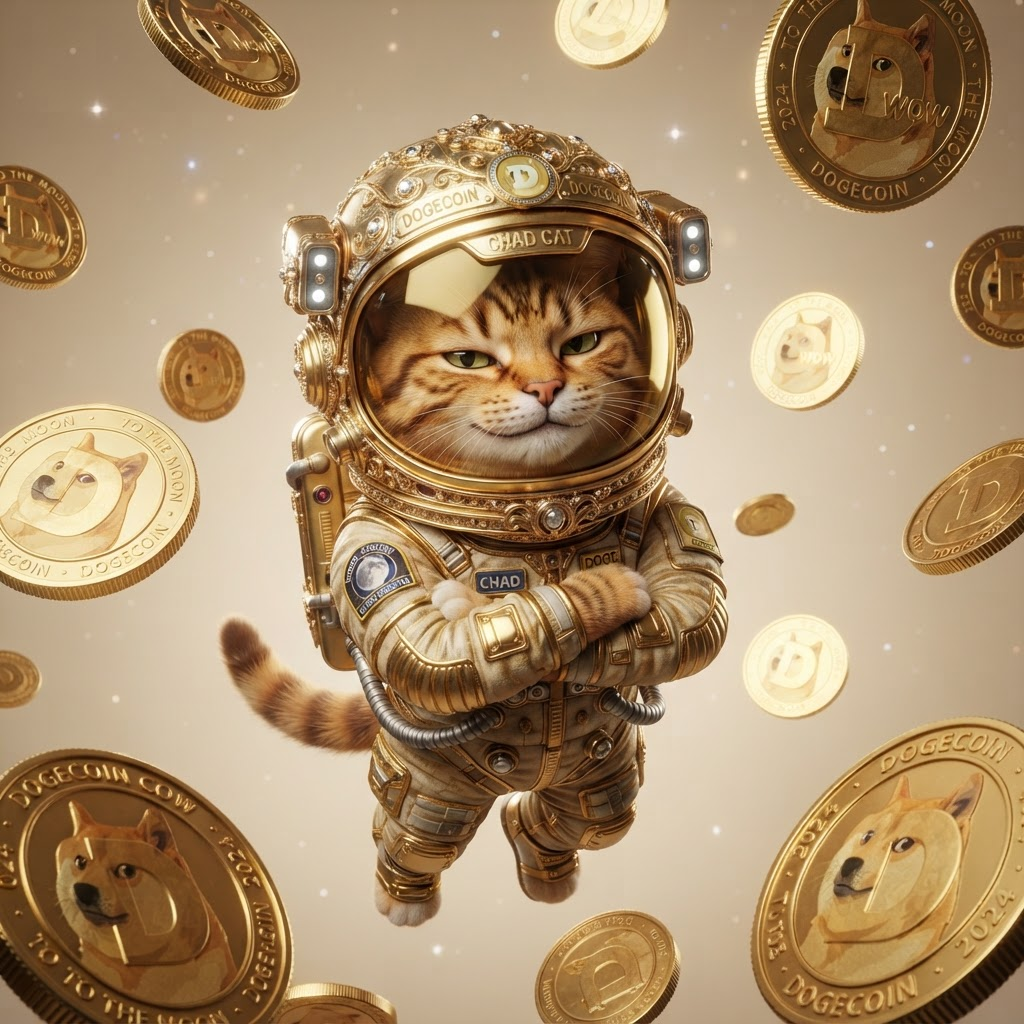 CHADCATE as an astronaut floating with gold coins
