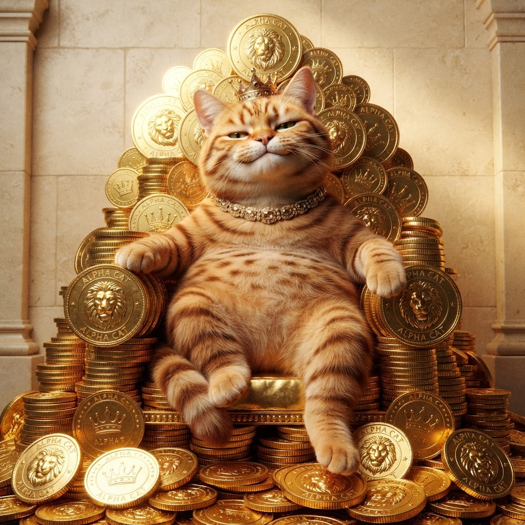 CHADCATE sitting on a throne of gold coins